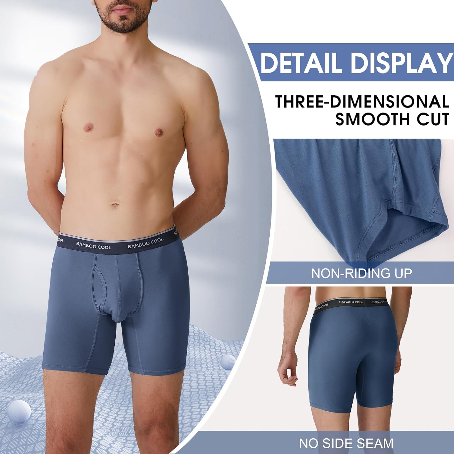 Bamboo men's boxer briefs in blue with three-dimensional smooth cut and no side seam design