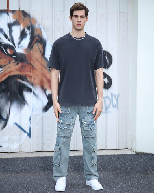 Logeqi black crew neck t-shirt styled with cargo jeans for a trendy urban look