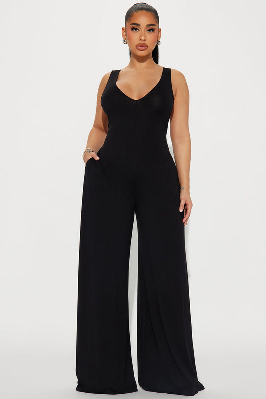 Fashion Nova black jumpsuit for women with a flattering V-neck and wide legs for stylish comfort