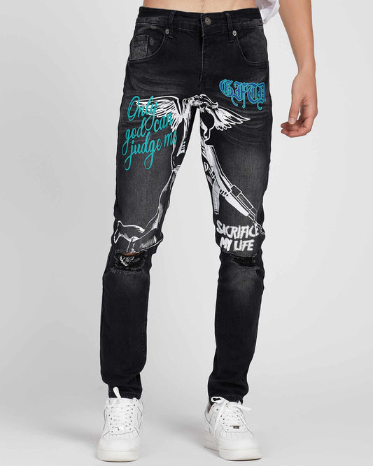 Logeqi black ripped graffiti jeans with blue and white graphic print and distressed details