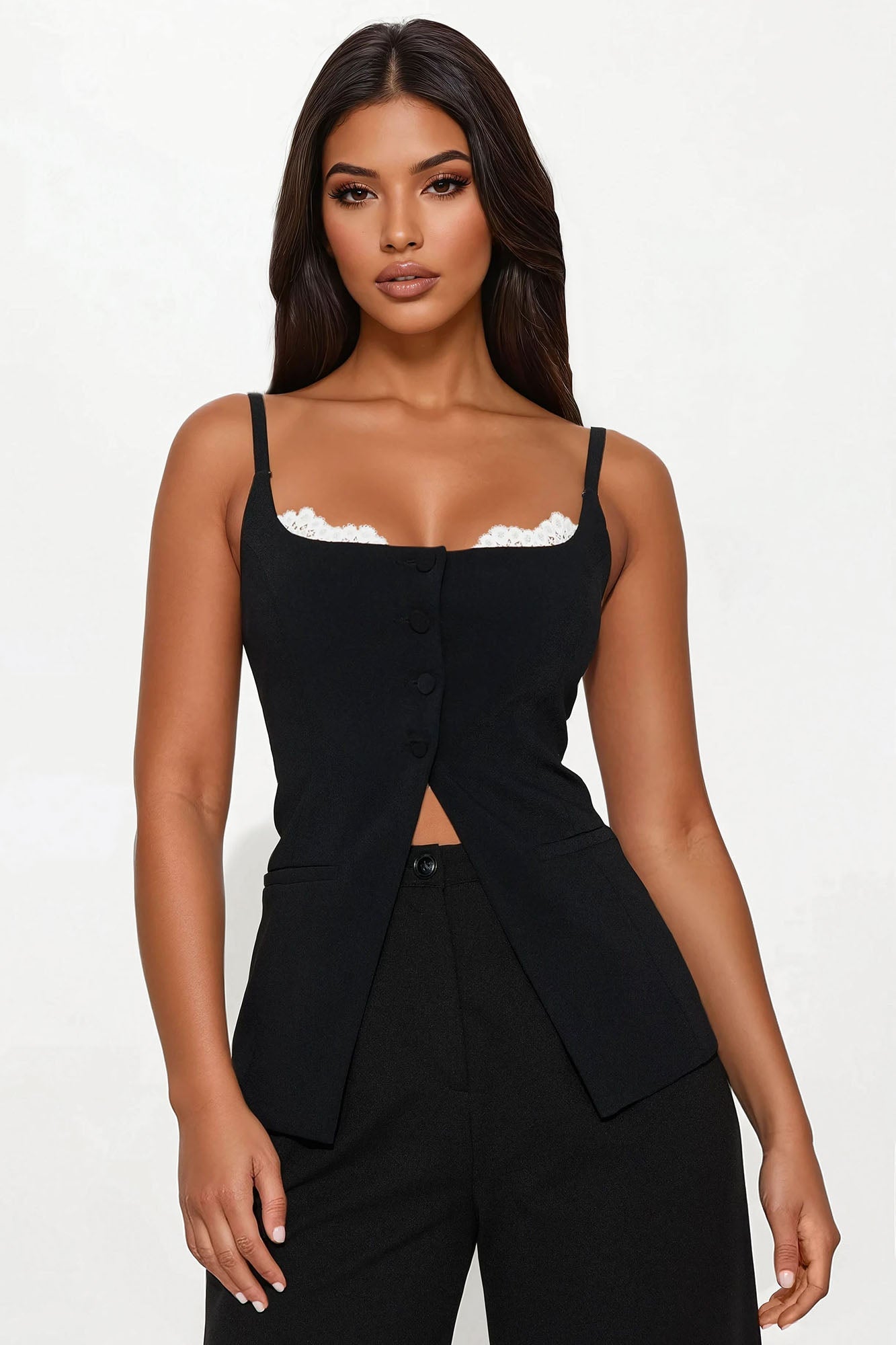 Fashion Nova black vest top for women with lace detailing and button closure for a chic look