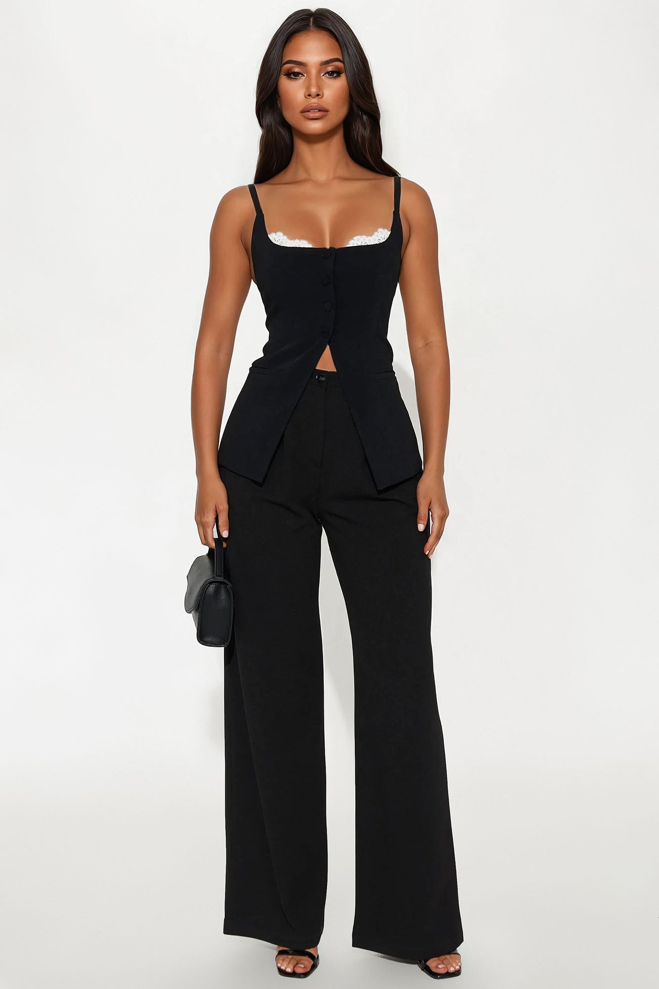 Fashion Nova black vest top for women with lace trim and fitted design, styled with wide leg pants