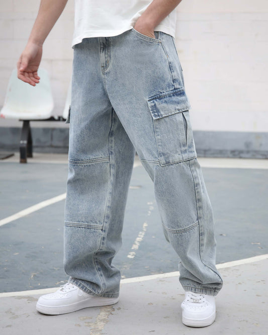 Logeqi blue cargo jeans for men with side pockets and relaxed fit styling