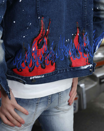Logeqi blue denim graffiti jacket featuring vibrant flame designs on the back for a stylish look