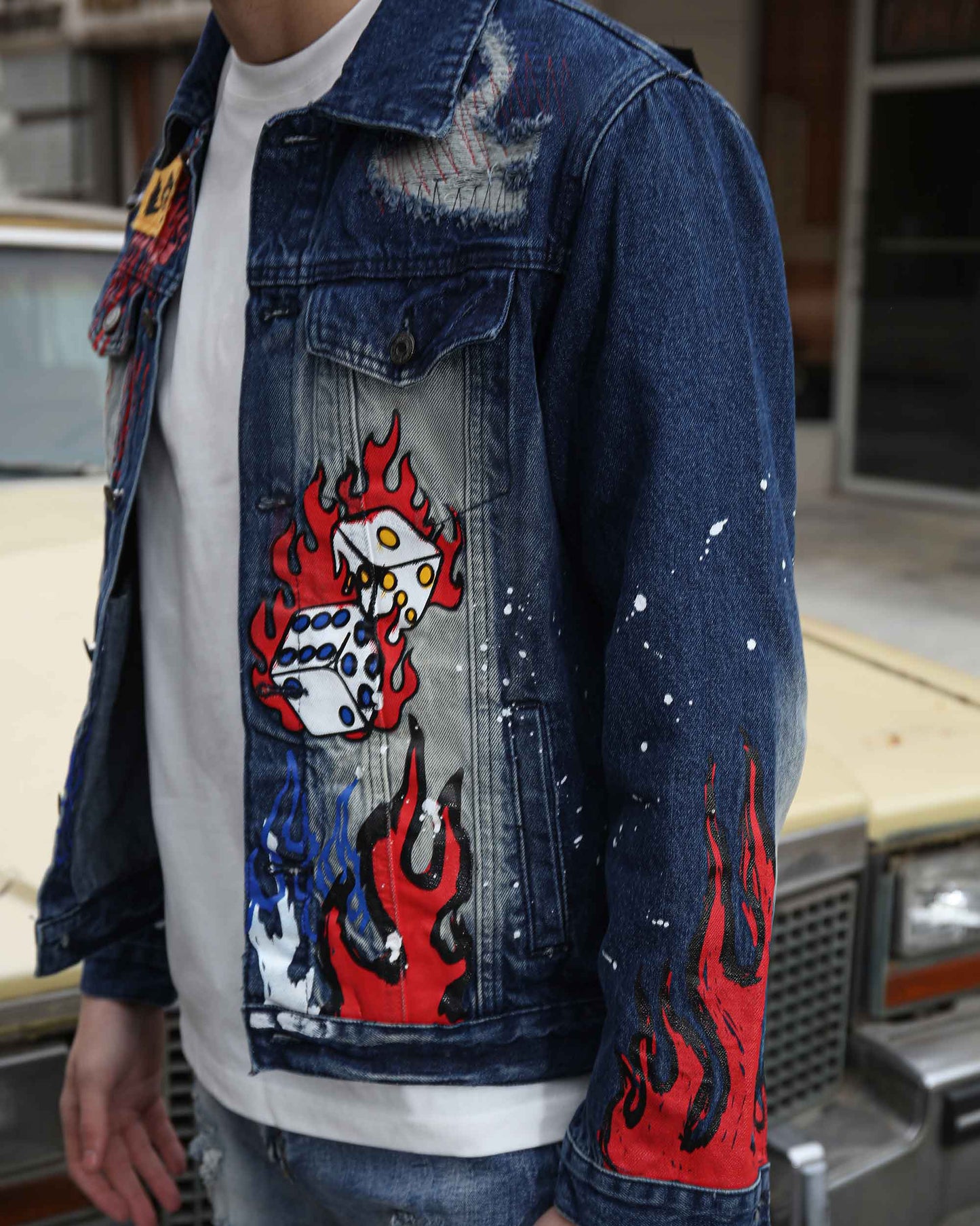 Logeqi blue denim graffiti jacket with colorful flame designs and patches for a stylish look