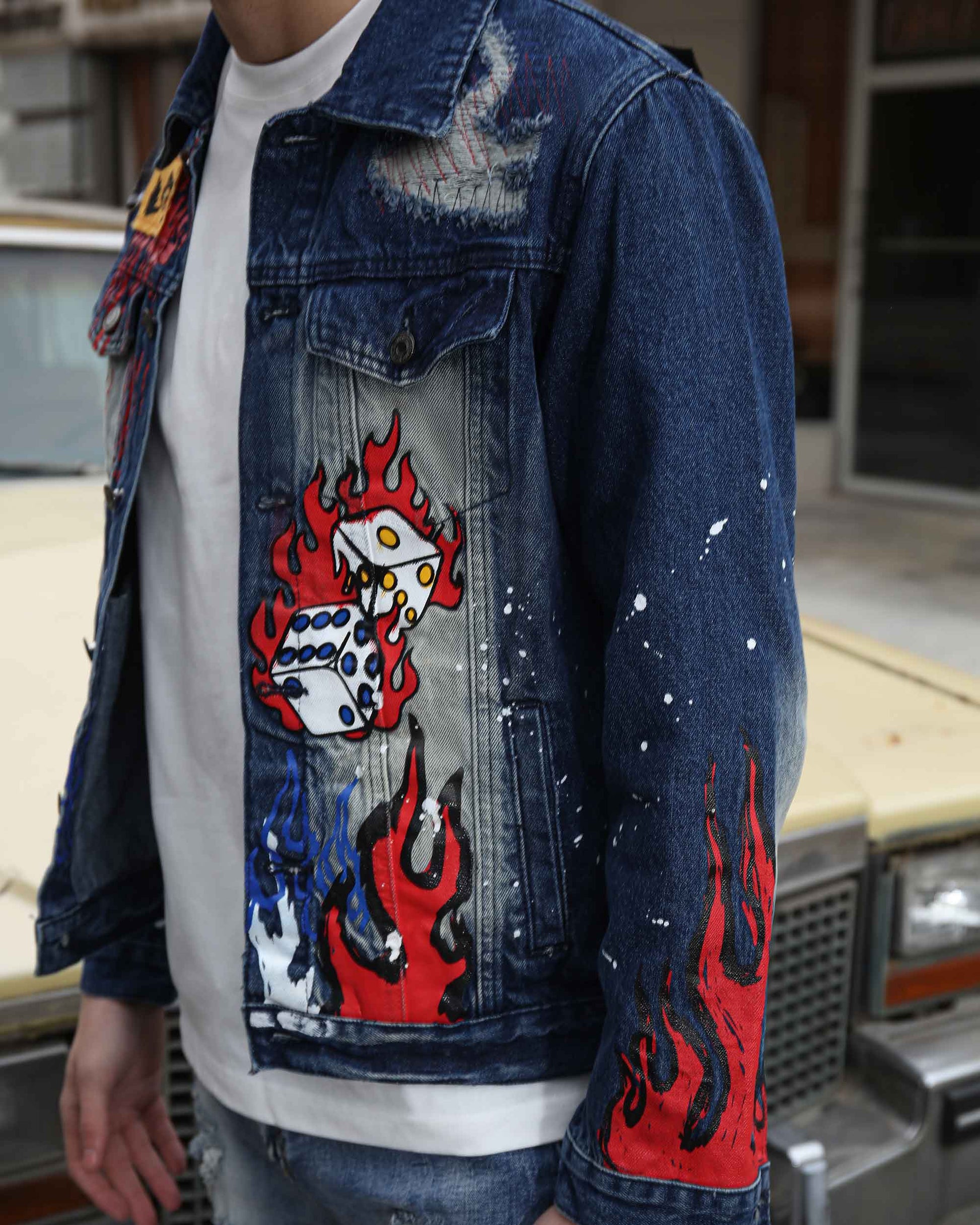 Logeqi blue denim graffiti jacket with colorful flame designs and patches for a stylish look