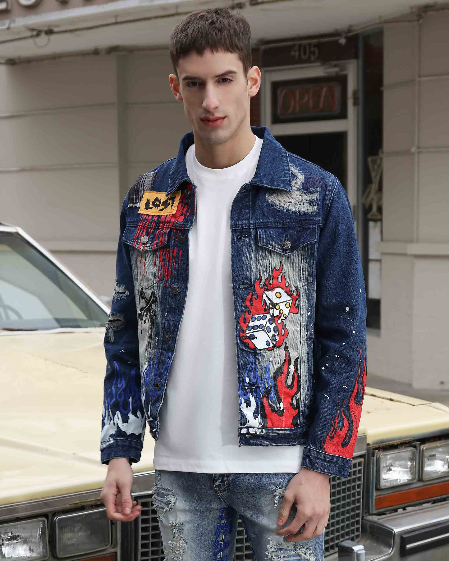 Logeqi blue denim graffiti jacket featuring vibrant designs and a modern fit for stylish outfits