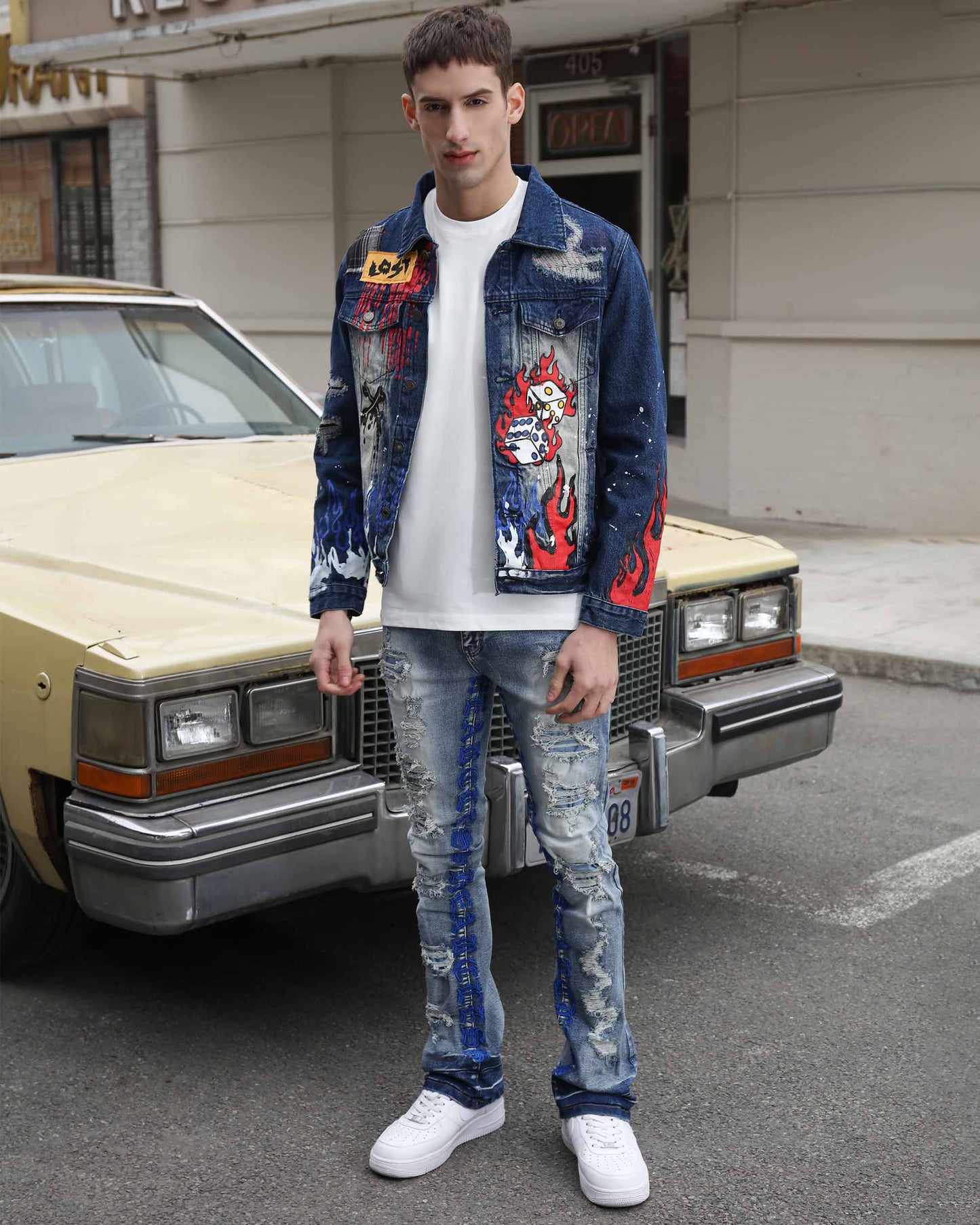 Logeqi blue denim graffiti jacket featuring vibrant designs for a stylish urban look