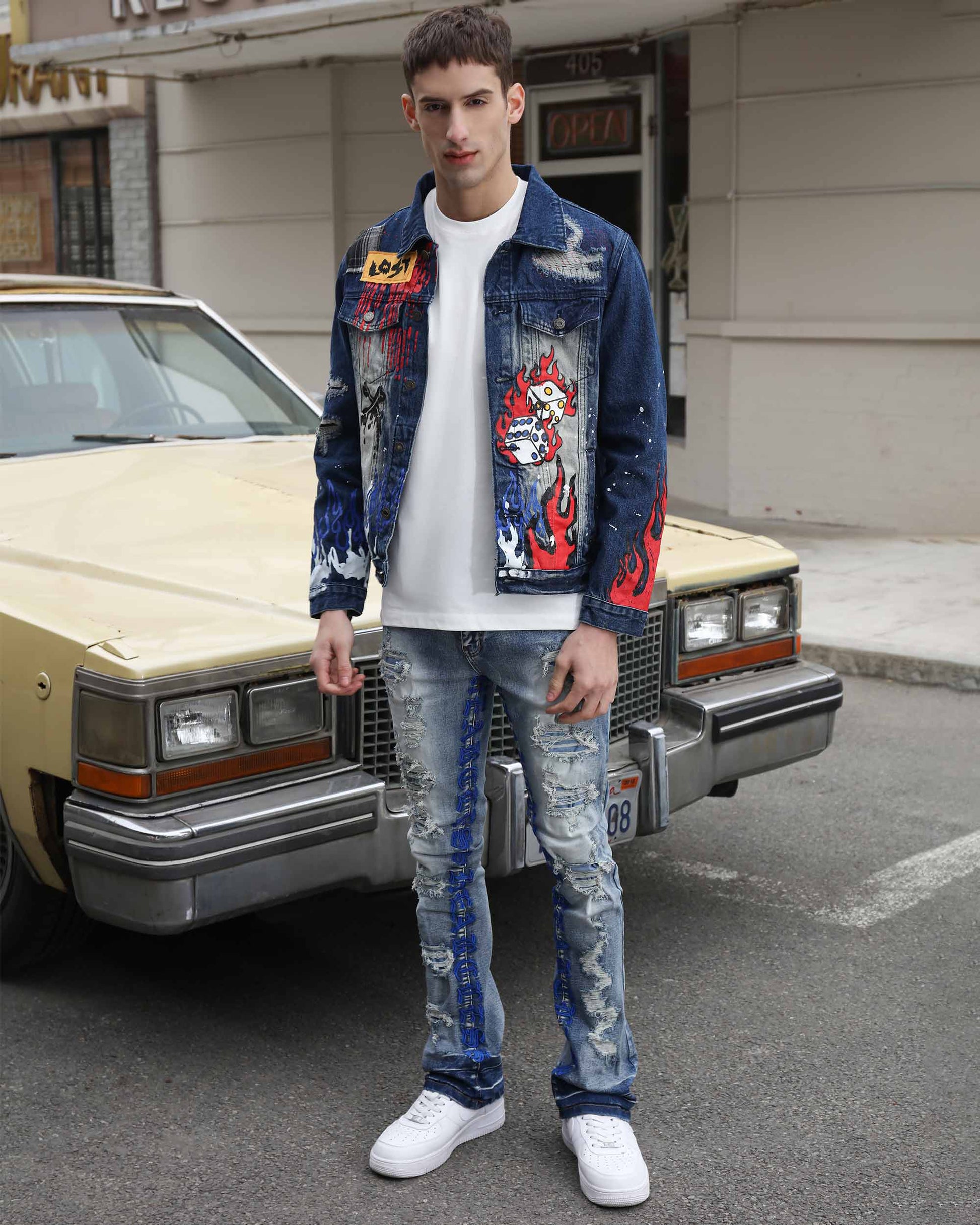 Logeqi blue denim graffiti jacket featuring vibrant designs for a stylish urban look