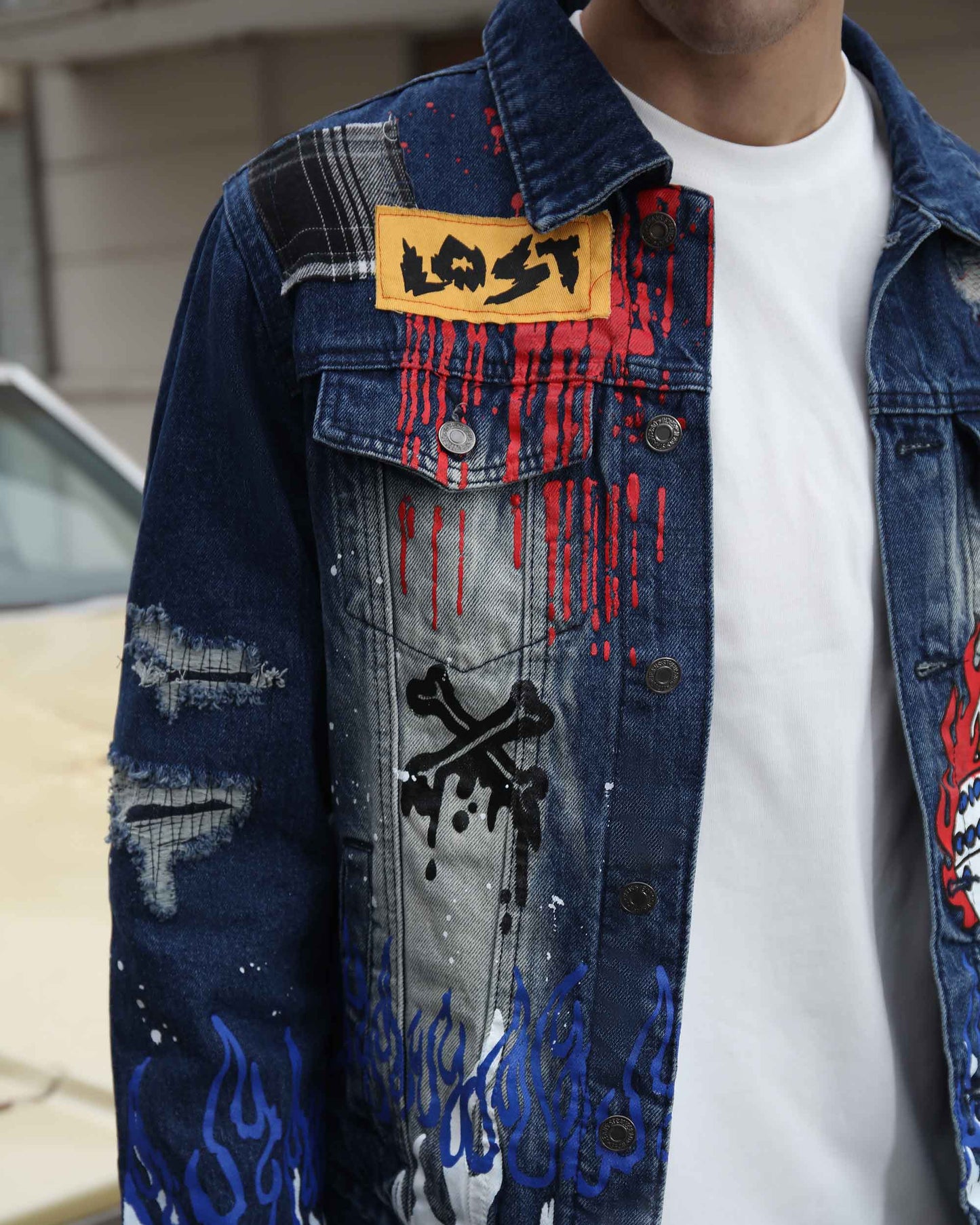 Logeqi blue denim graffiti jacket featuring vibrant artwork and distressed details