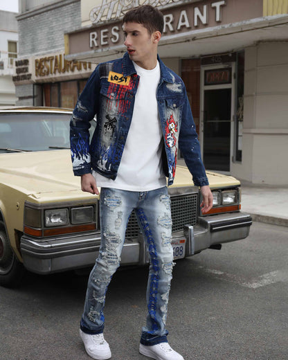 Logeqi blue denim graffiti jacket with colorful designs and stylish distressed details for a trendy look