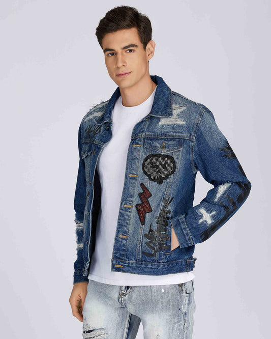 Logeqi blue denim jacket with embroidered patches and distressed details for a stylish look