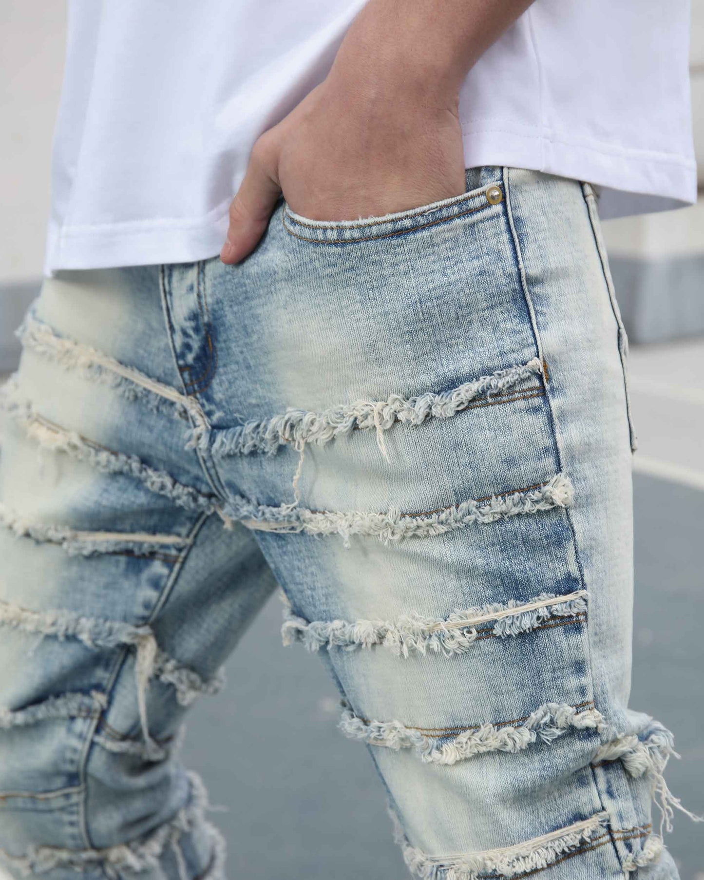 Logeqi blue retro flared jeans featuring distressed detailing and a relaxed fit for casual style