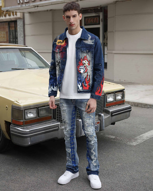 Stylish blue retro flared jeans by Logeqi paired with a casual white tee and denim jacket