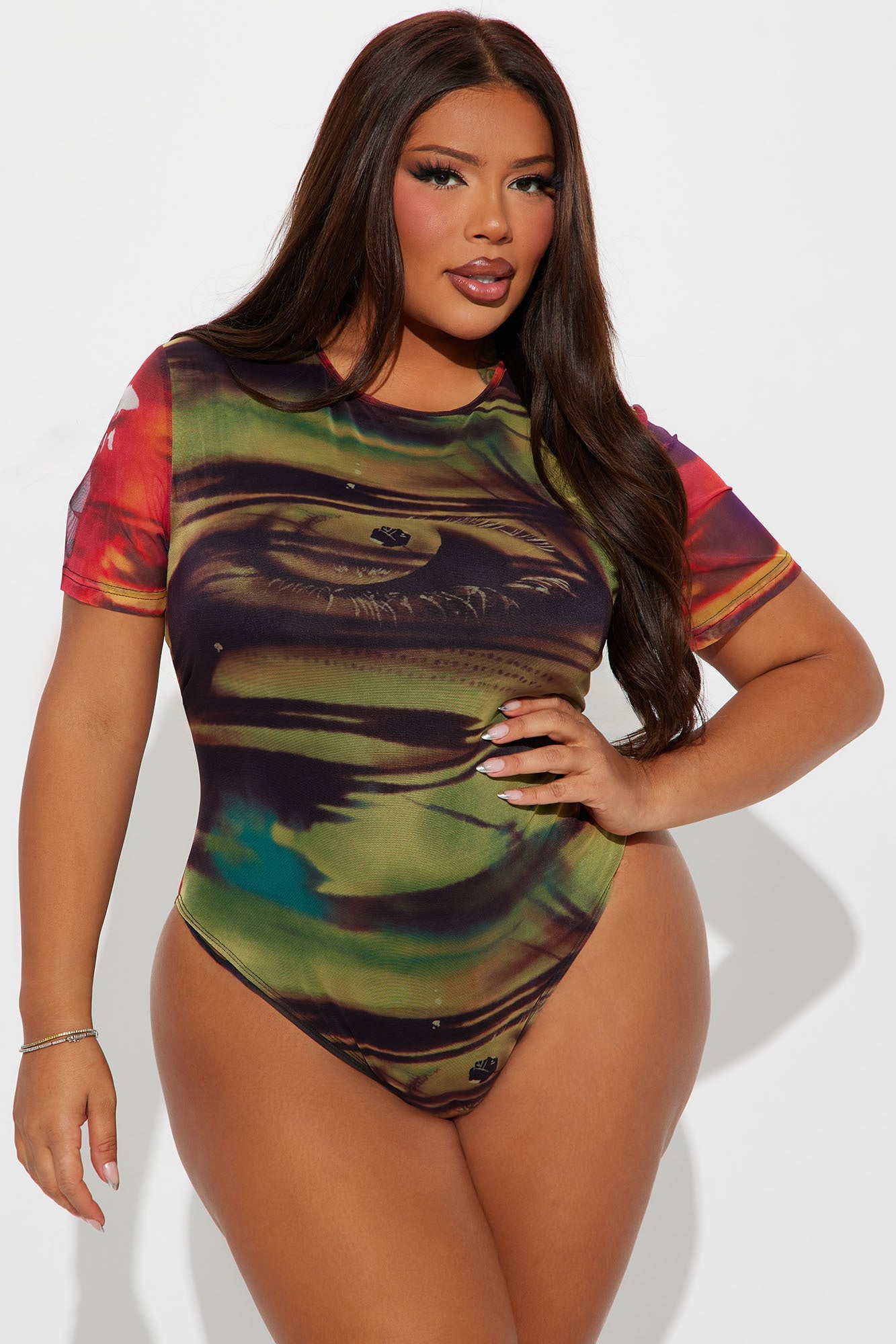 Fashion Nova blurry vision mesh bodysuit with vibrant colors and short sleeves for a stylish look