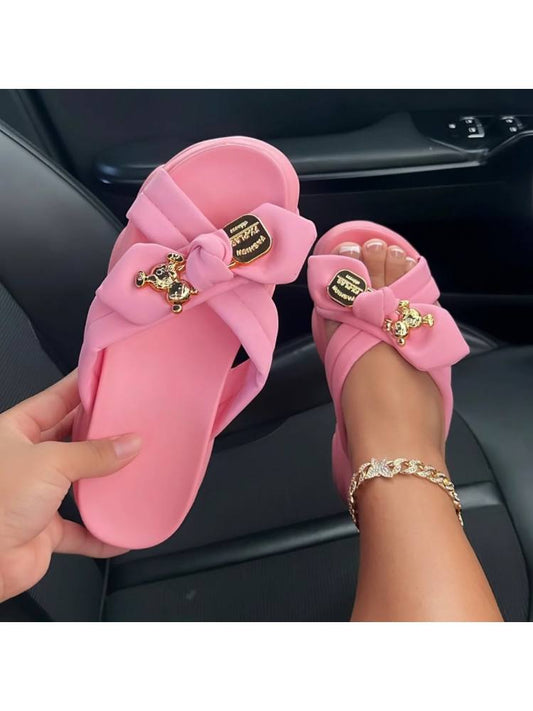 Pink bow platform slippers for women with gold embellishments from wholesale7