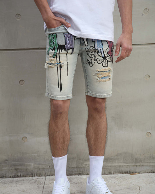 Logeqi distressed graffiti denim shorts with ripped details and colorful graffiti designs on front