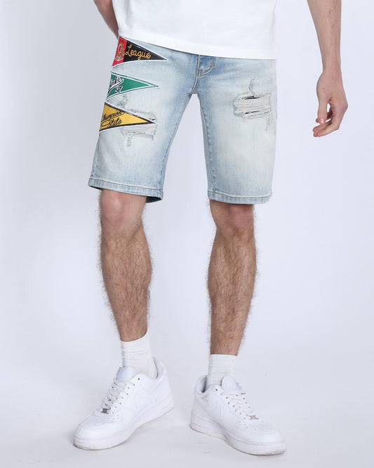 Logeqi light wash denim shorts with distressed details and colorful patches on front
