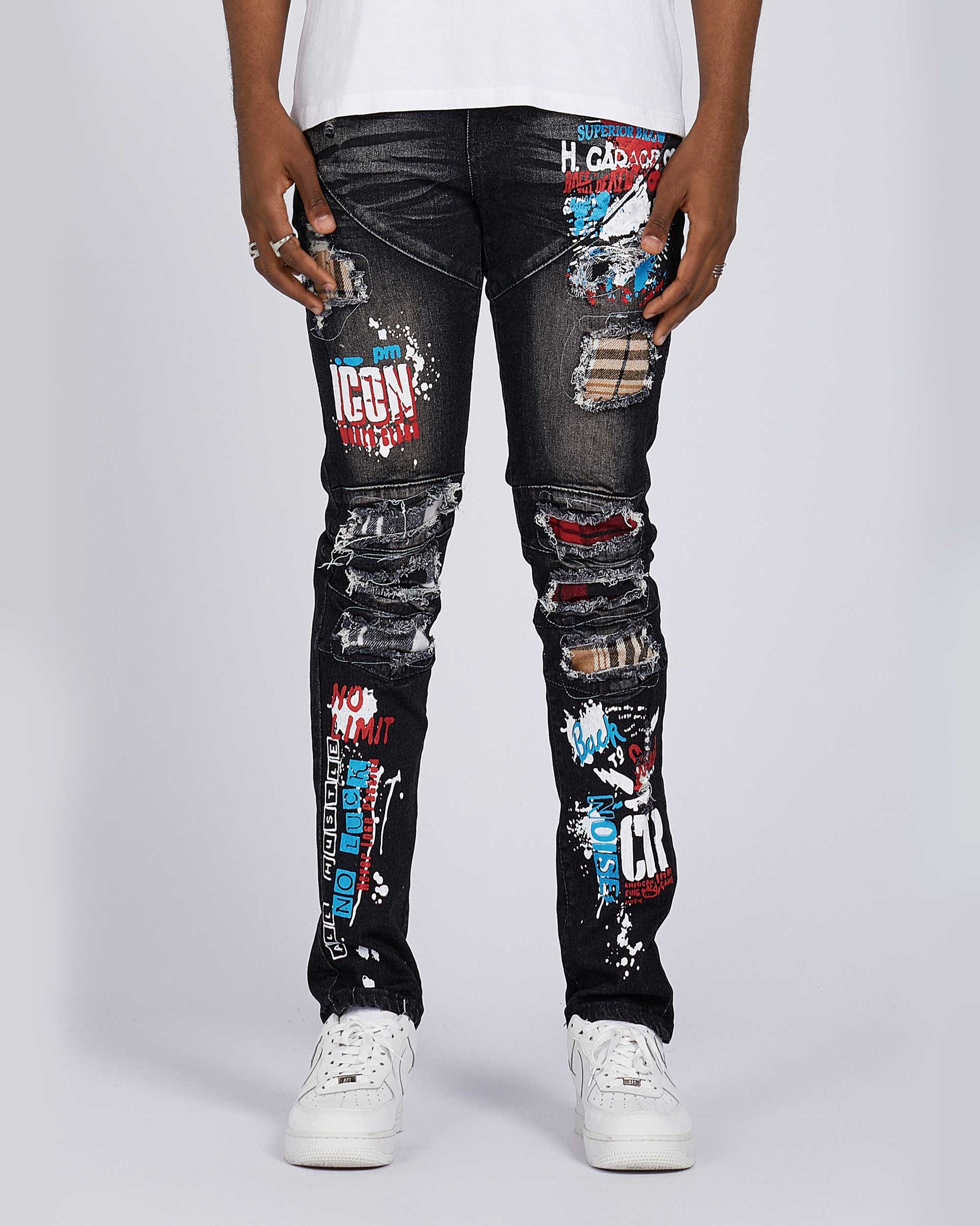 Logeqi slim fit ripped jeans in black with colorful graphic prints and distressed details