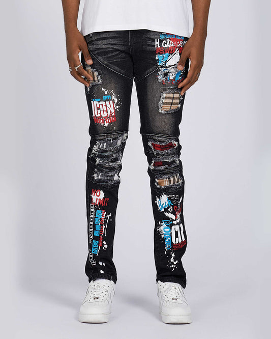 Logeqi slim fit ripped jeans in black with colorful graphic prints and distressed details
