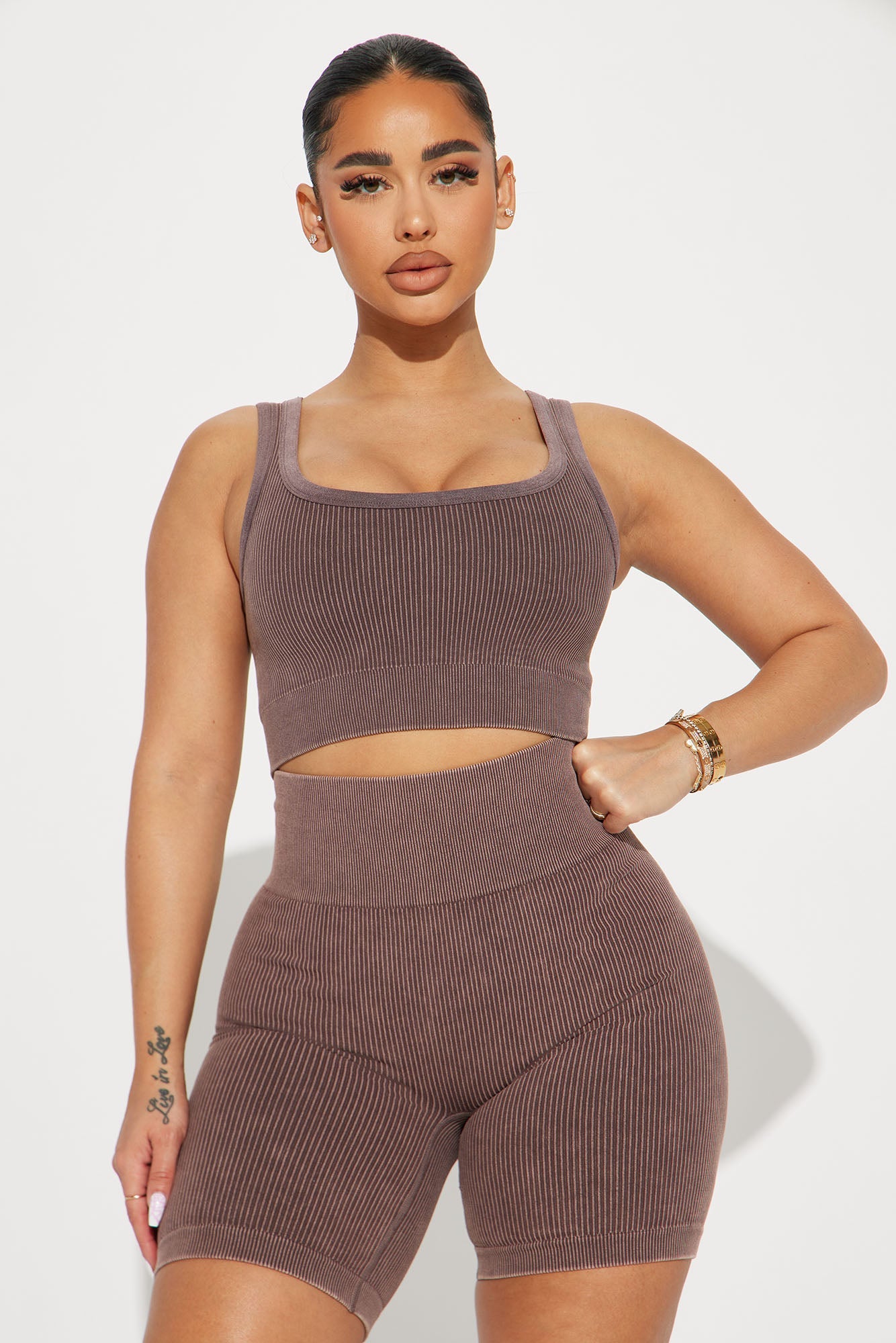 Brown lounge short set for women featuring a cropped top and high-waisted shorts for a stylish look