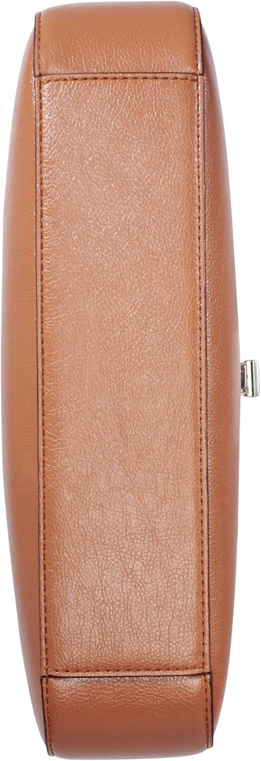 Side view of the Calvin Klein almond leather shoulder bag showcasing its sleek design and premium texture