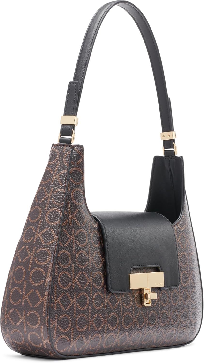 Calvin Klein almond leather shoulder bag with a stylish design and gold hardware accents