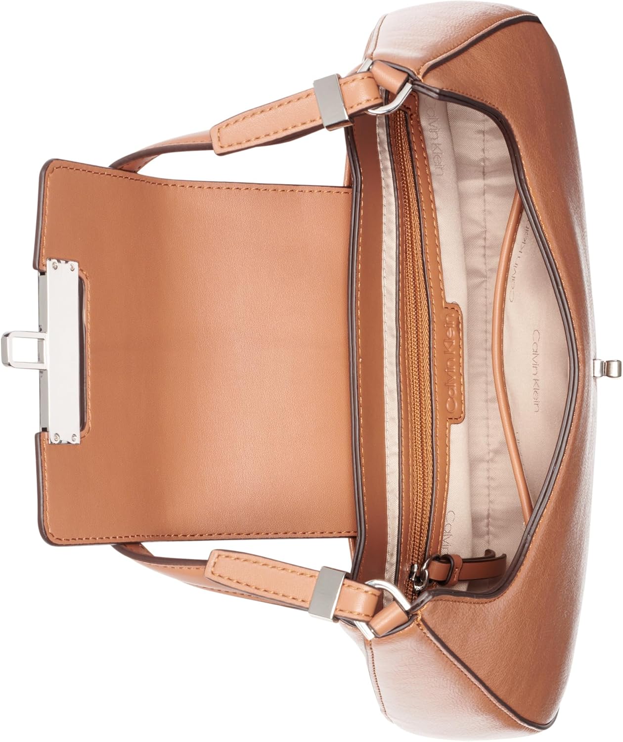 Calvin Klein almond leather shoulder bag with spacious interior and stylish hardware details