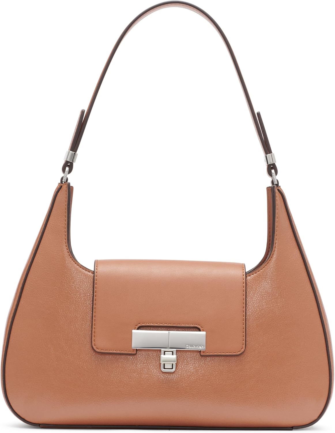 Calvin Klein almond leather shoulder bag with a sleek design and silver clasp for a stylish look