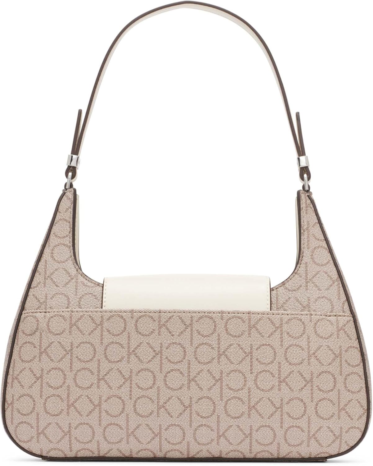 Calvin Klein almond leather shoulder bag featuring stylish logo design and elegant silhouette