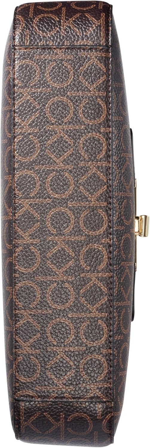 Side view of Calvin Klein almond leather shoulder bag featuring signature logo pattern and gold clasp closure