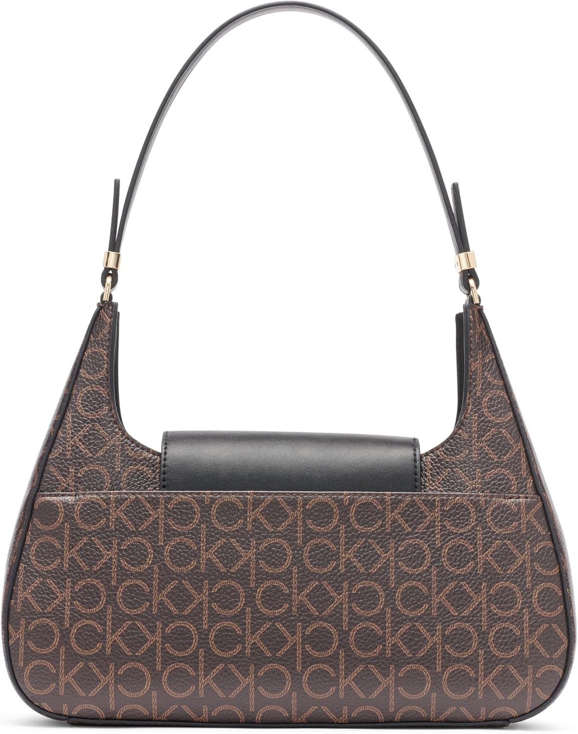 Calvin Klein almond leather shoulder bag with signature logo pattern and elegant design