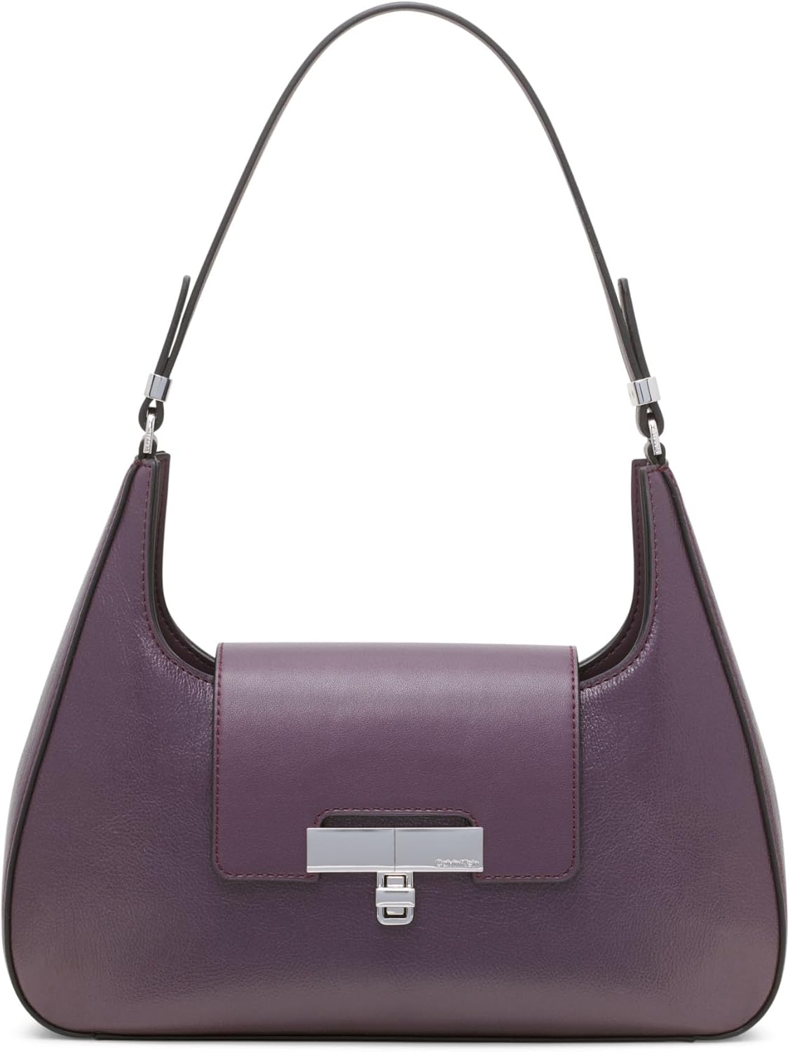 Calvin Klein almond leather shoulder bag in purple with structured design and silver hardware