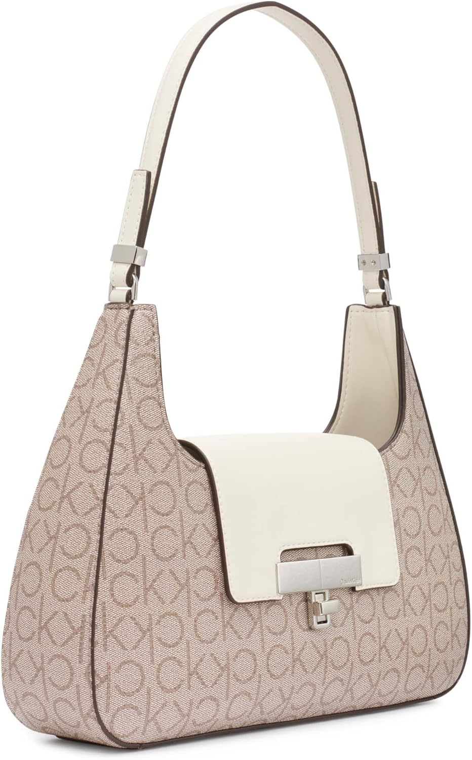 Calvin Klein almond leather shoulder bag featuring a modern design and a stylish two-tone finish