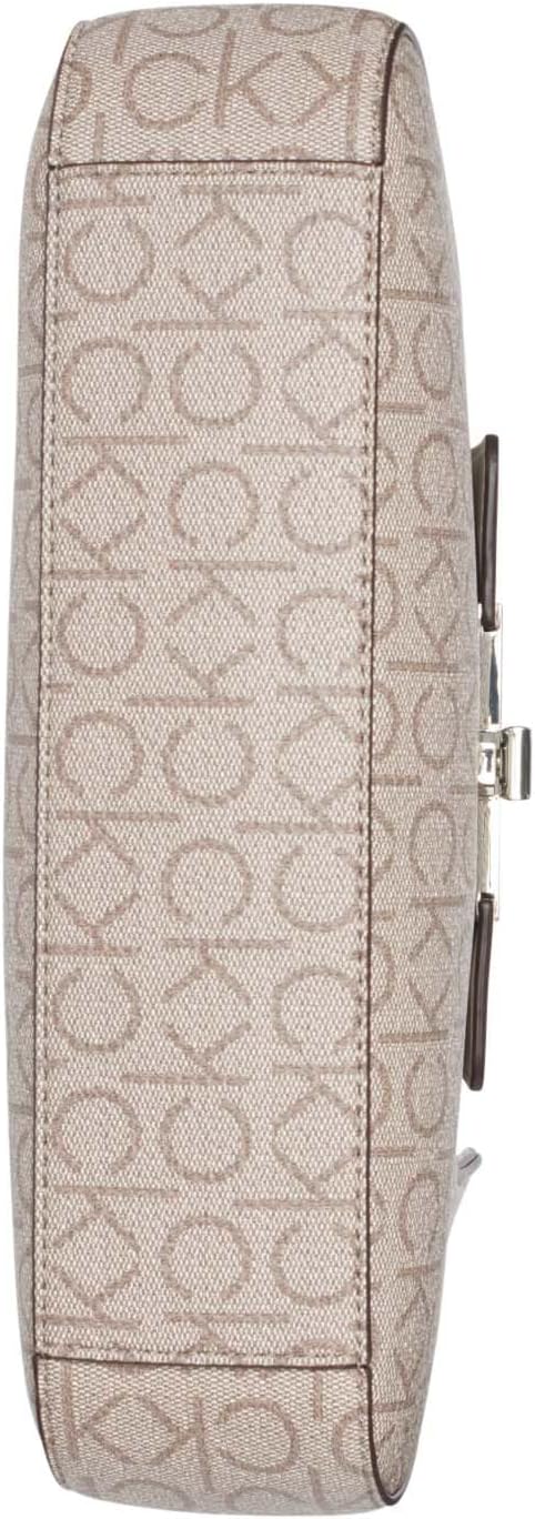 Calvin Klein almond leather shoulder bag with iconic logo pattern for stylish everyday use