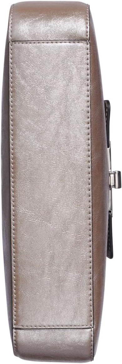 Side view of Calvin Klein almond leather shoulder bag with a sleek metallic finish