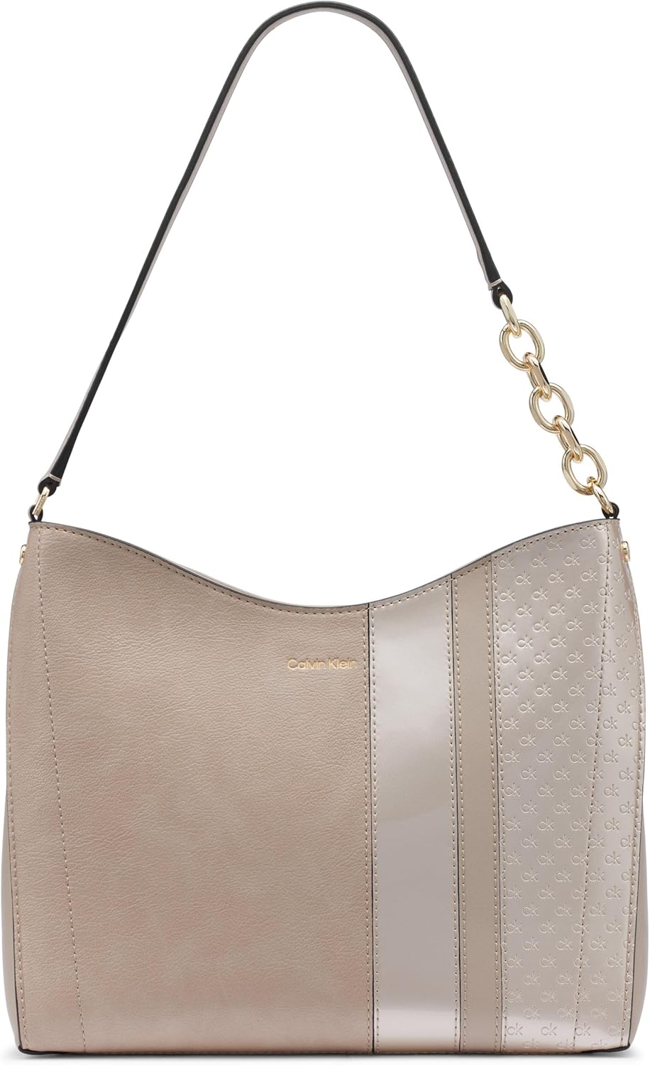 Calvin Klein brown chain shoulder bag with smooth and textured panels for stylish everyday use
