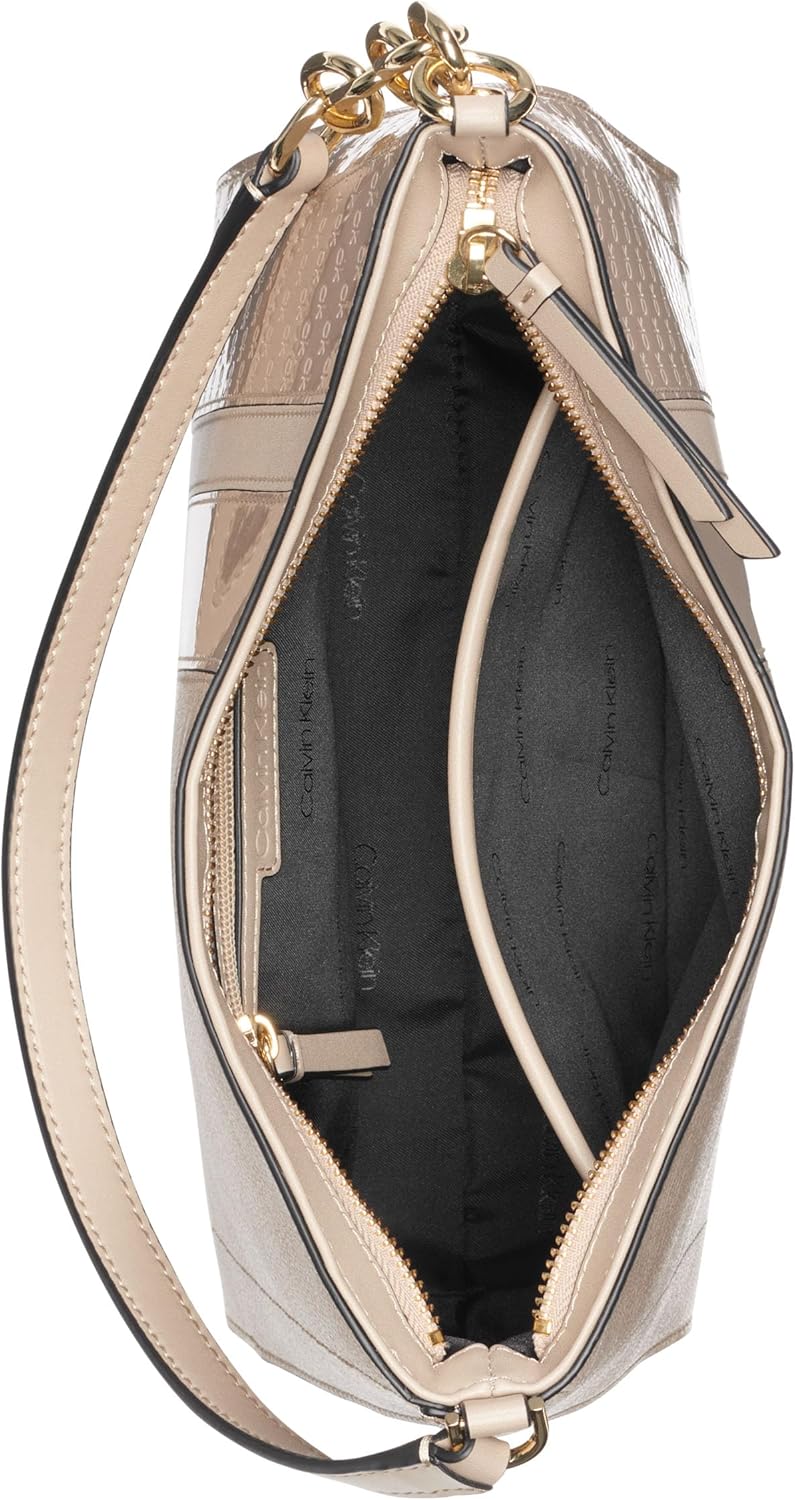 Calvin Klein brown chain shoulder bag featuring a spacious interior with multiple compartments