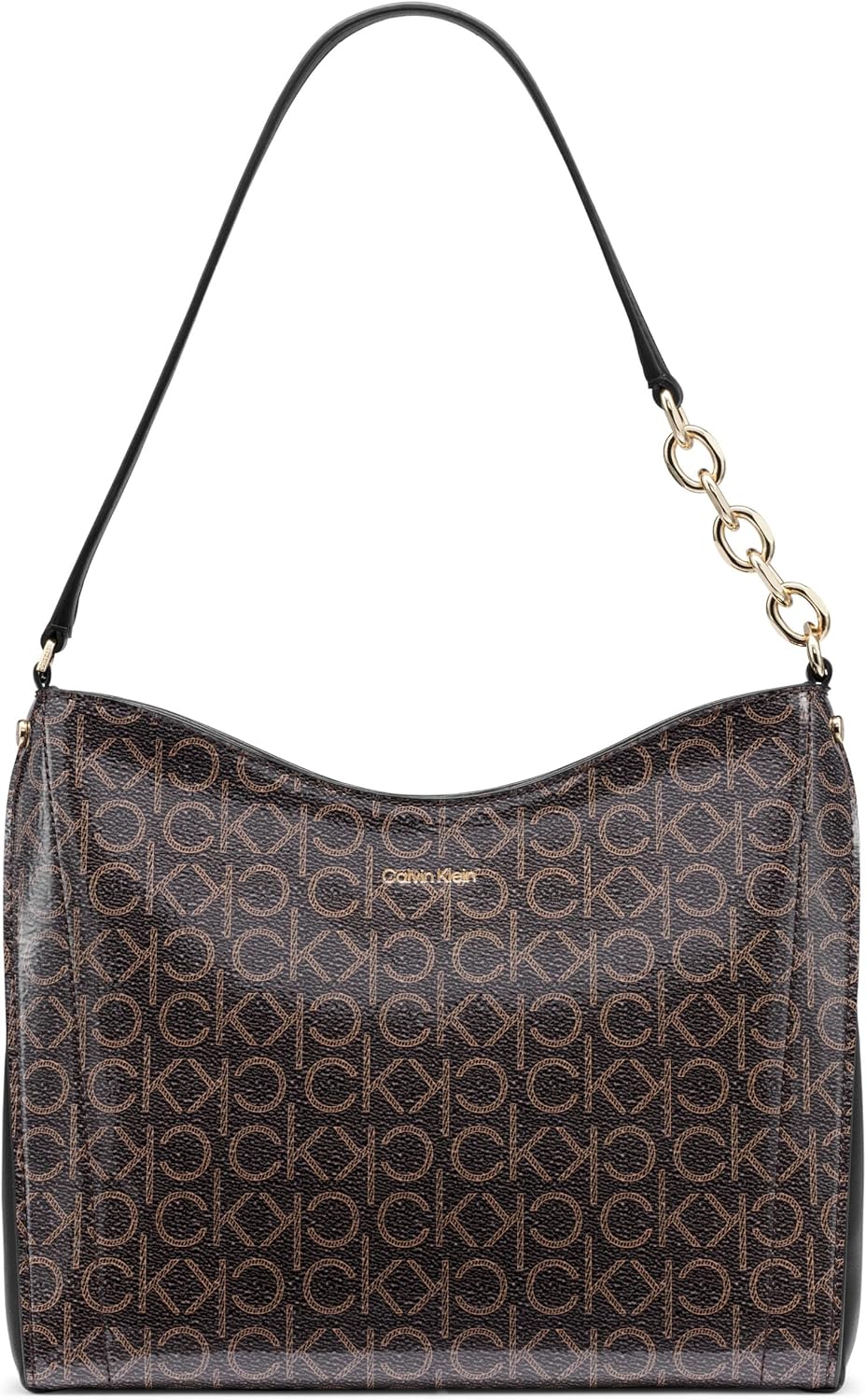 Calvin Klein brown chain shoulder bag featuring a stylish monogram pattern and elegant design