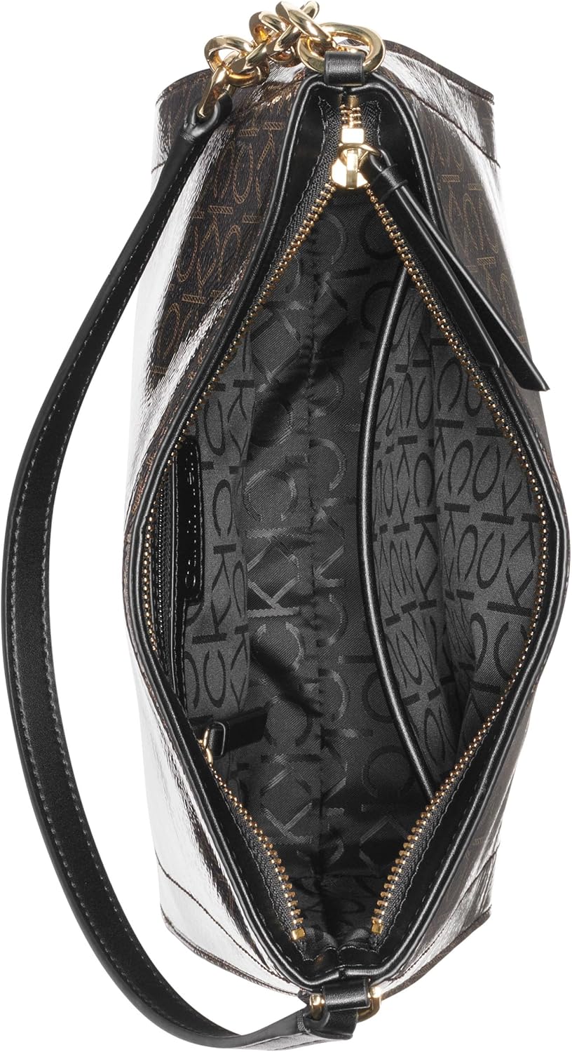 Inside view of Calvin Klein brown chain shoulder bag with stylish interior pockets