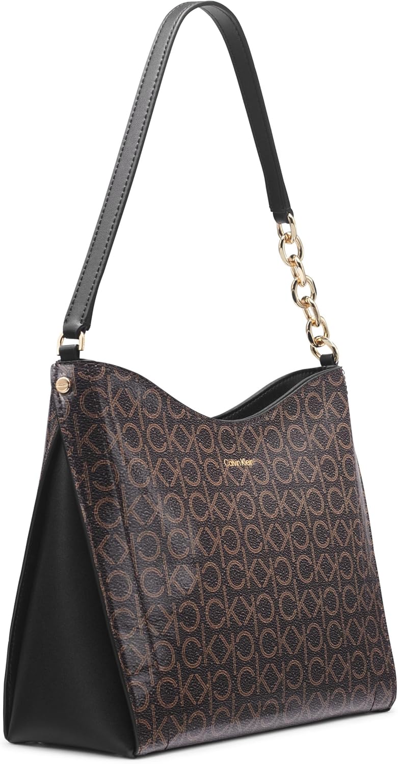 Calvin Klein brown chain shoulder bag with logo pattern and sleek design for stylish everyday use