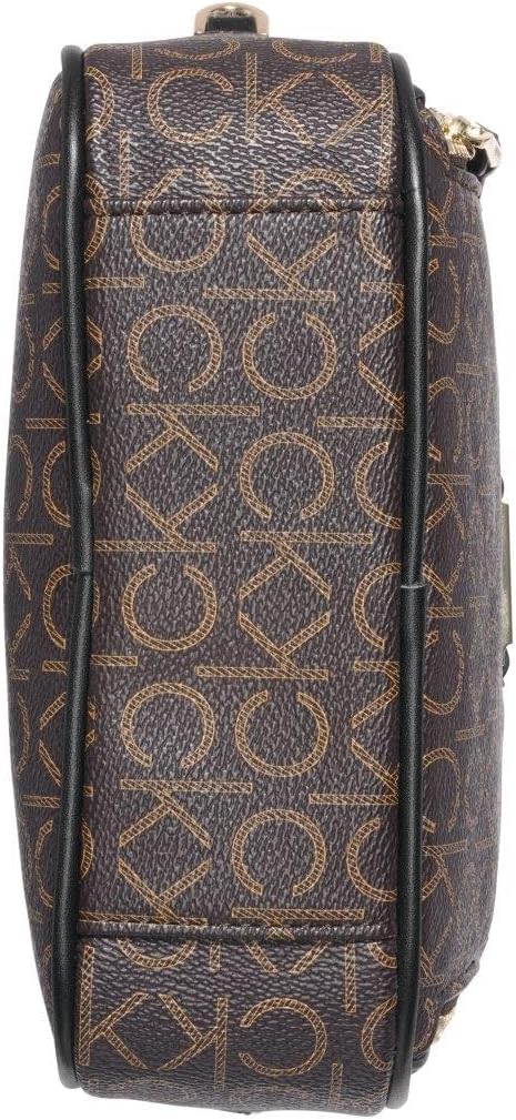 Calvin Klein camera crossbody bag in brown monogram design with adjustable shoulder strap