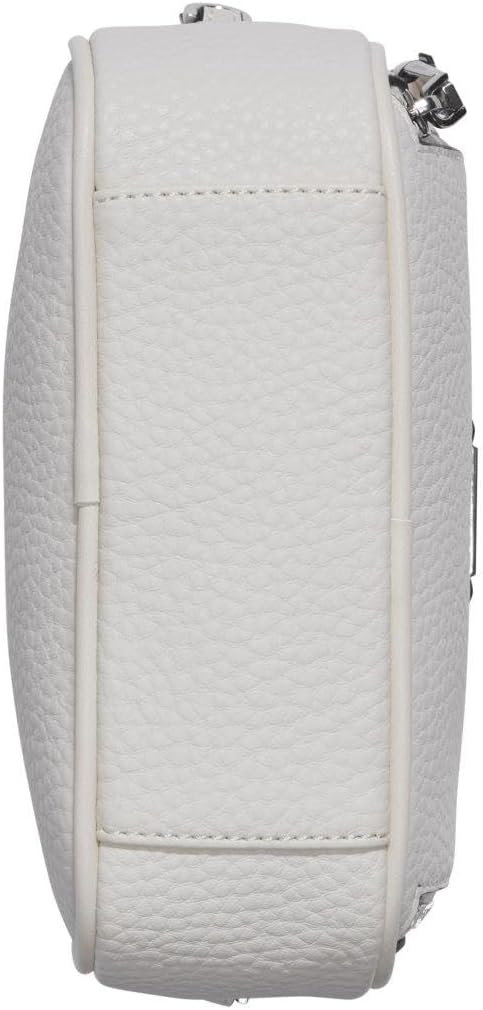 Side view of Calvin Klein camera crossbody bag in white with textured finish and zipper closure