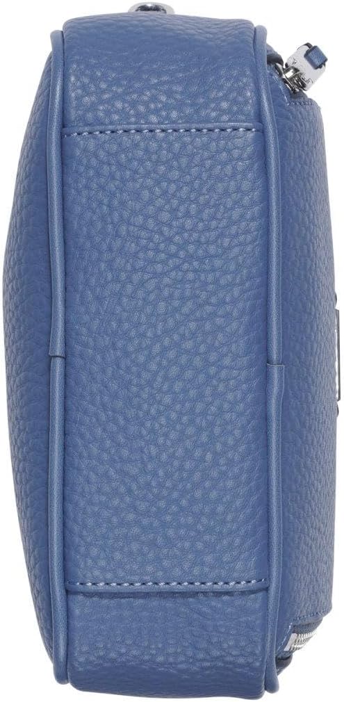 Side view of a Calvin Klein camera crossbody bag in textured blue leather for stylish everyday use