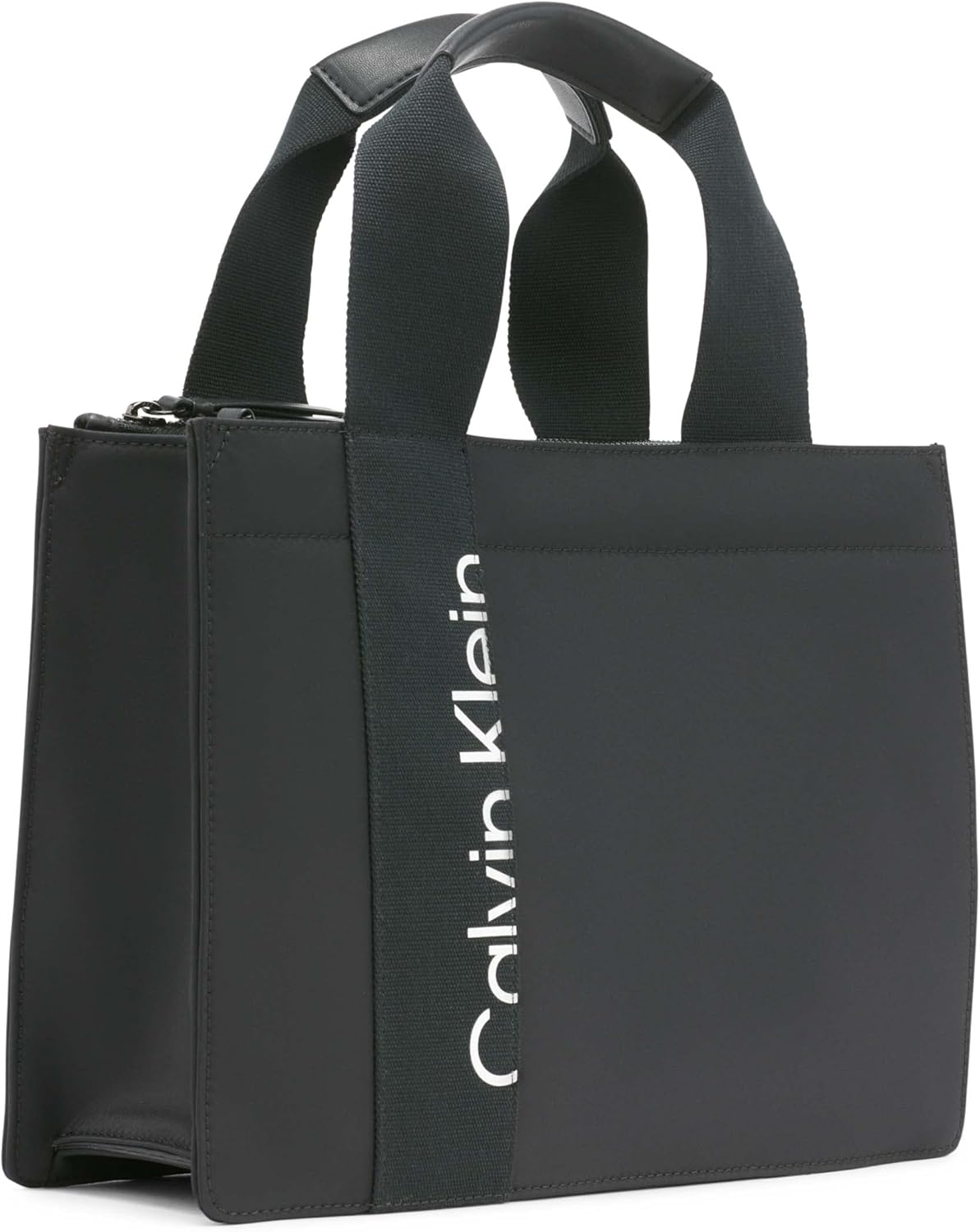 Black Calvin Klein crossbody bag for women with dual top handles and sleek design