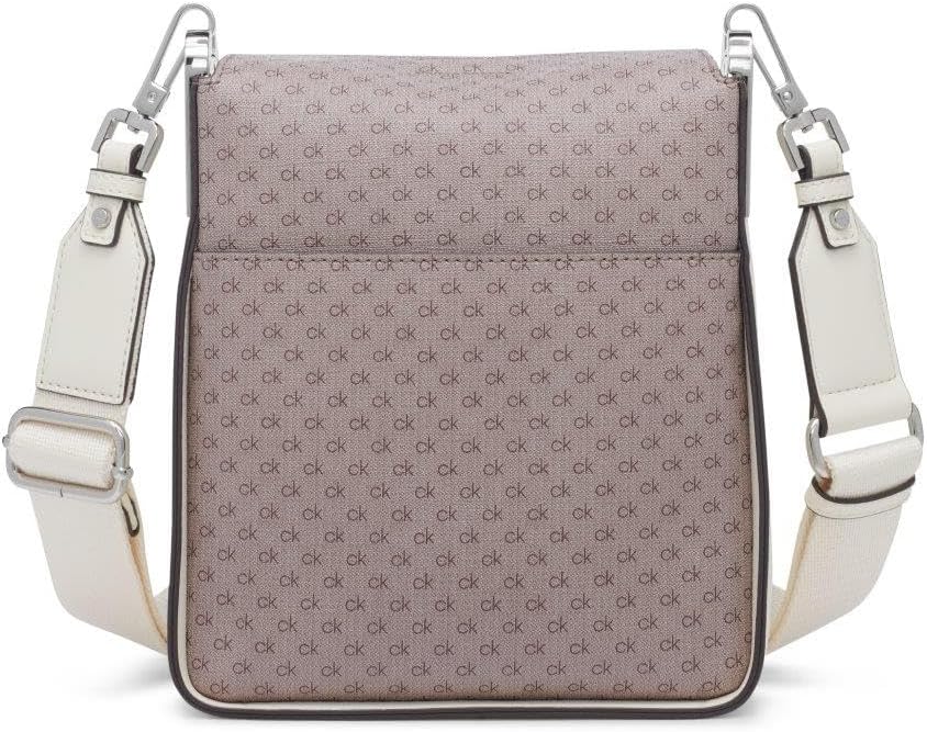Calvin Klein crossbody bag for women in neutral tones with logo pattern and adjustable straps