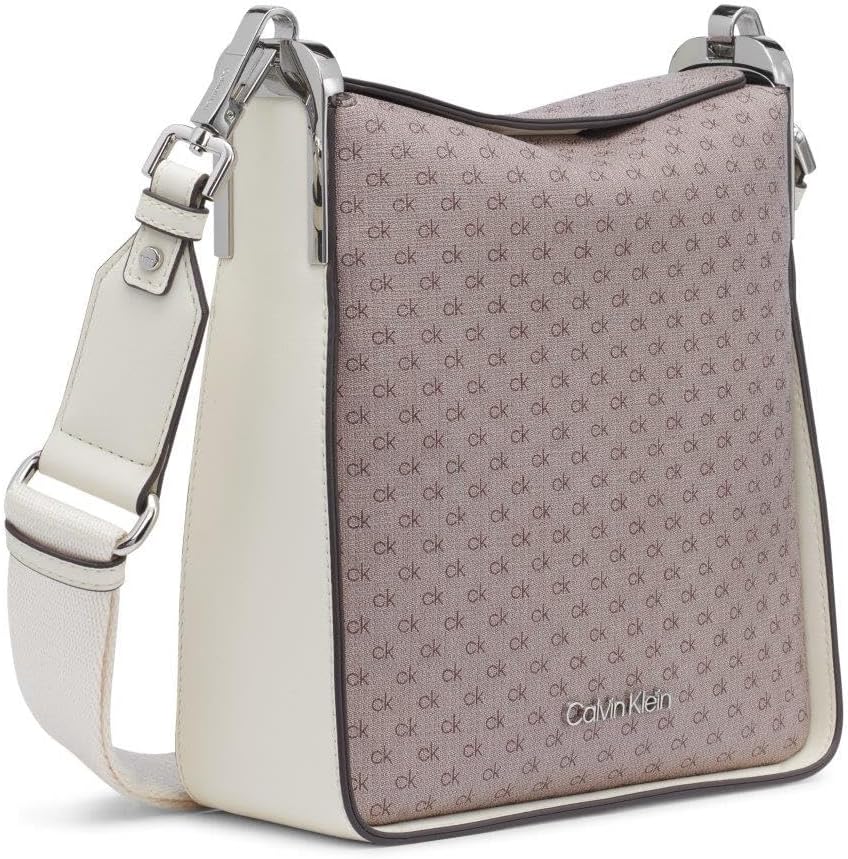 Calvin Klein crossbody bag for women in cream and gray with logo print and adjustable strap