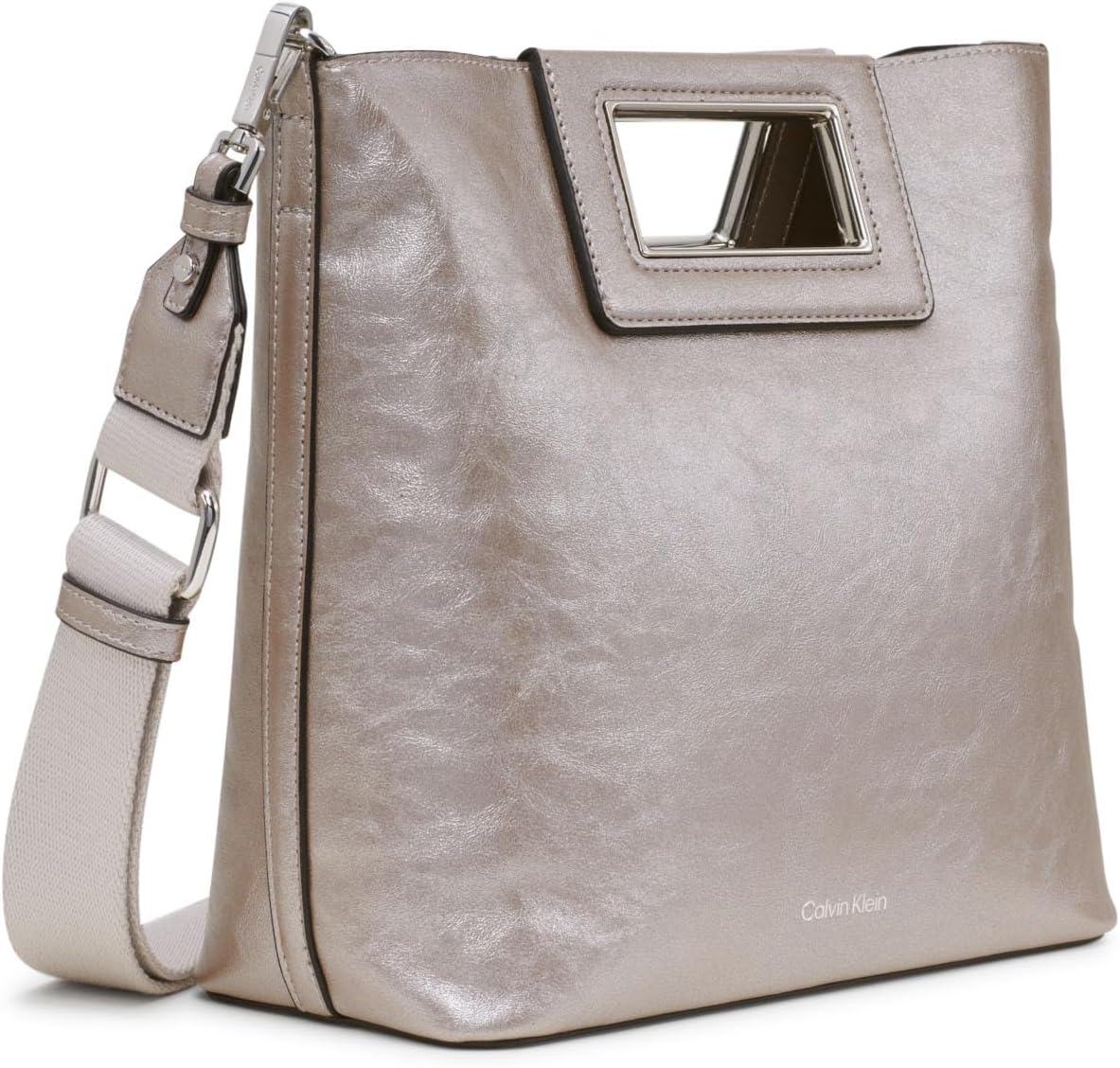 Calvin Klein crossbody bag in metallic silver with a sleek design and adjustable strap