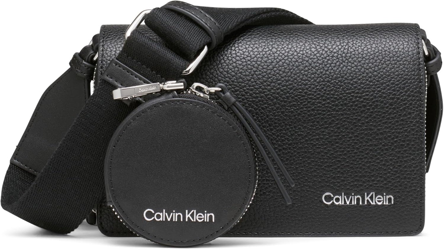 Calvin Klein Millie crossbody bag in black leather with detachable coin pouch and adjustable strap