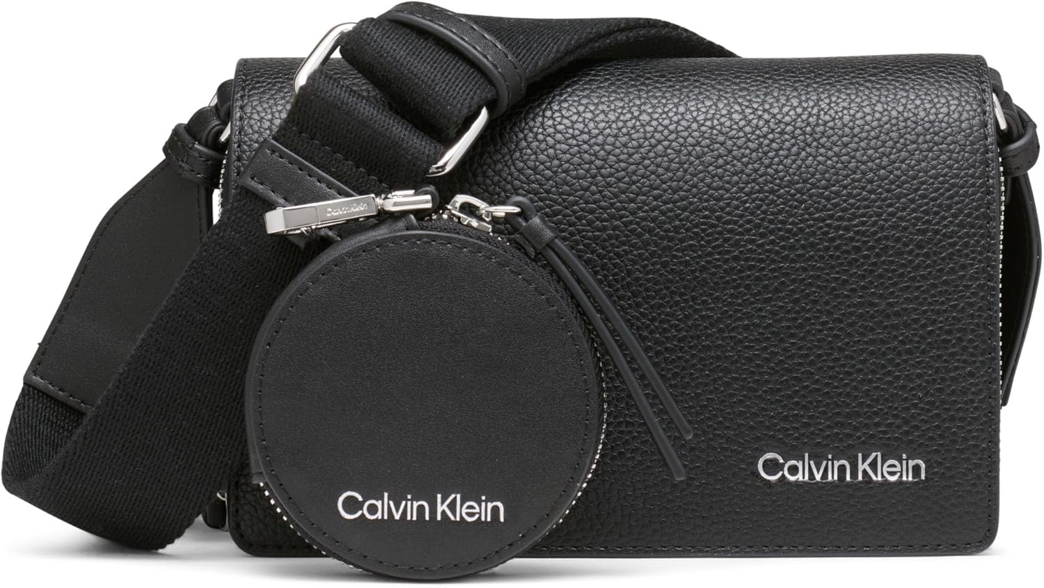 Calvin Klein Millie crossbody bag in black leather with detachable coin pouch and adjustable strap
